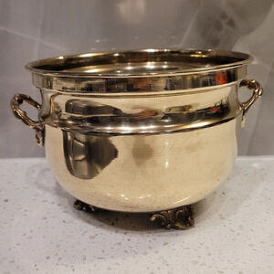 Vintage Brass Pot Planter Cachepot  Ornate Handles Footed